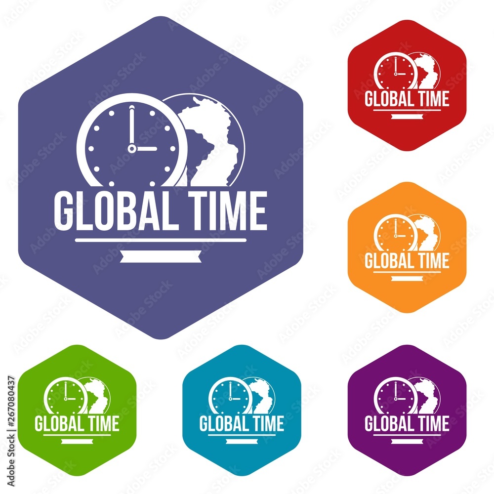 Global time icons vector colorful hexahedron set collection isolated on white 