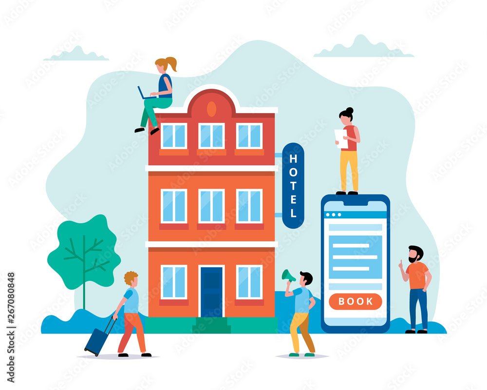 Hotel booking, people searching and reservation. Small characters doing various tasks, team working. Concept vector illustration in flat style