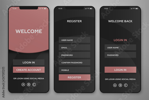UI, UX Mobile application interface design. Authorization and registration pages. Vector illustration.