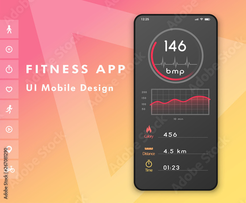 Fitness cardio app. Heart rate monitor. UI design concept with web elements. Vector illustration.