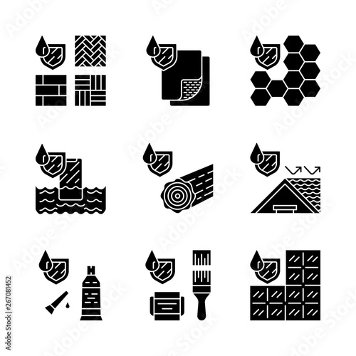 Waterproofing glyph icons set