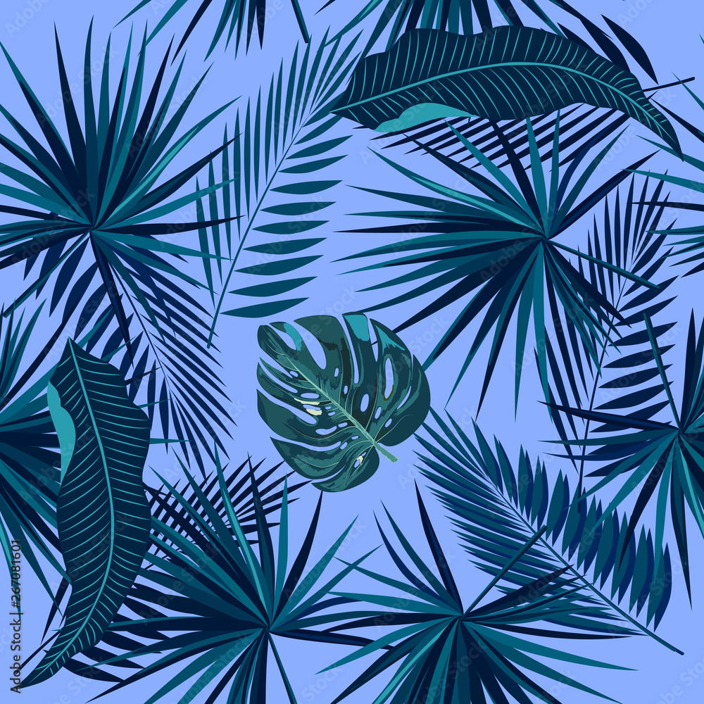 Tropical blue vector seamless pattern.