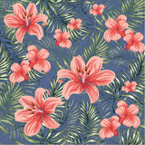 Blooming spring-summer flowers plants with branches of tropical palm trees. Seamless pattern. Vector image