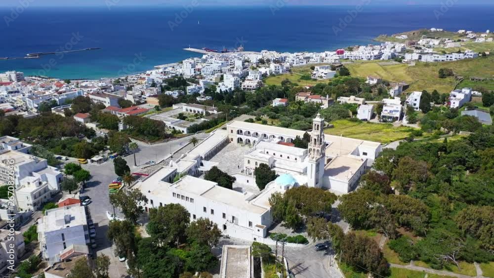 Aerial drone panoramic video of iconic church of Lady of Tinos island or Church of Panagia Megalochari (Virgin Mary), Cyclades, Greece Aerial drone panoramic video of iconic church of Lady of Tinos island or Church of Panagia Megalochari (Virgin Mary), Cyclades, Greece