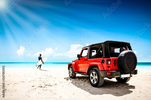 Summer car o free space and beach landscape. Summer sunny day with ocean landscape. 