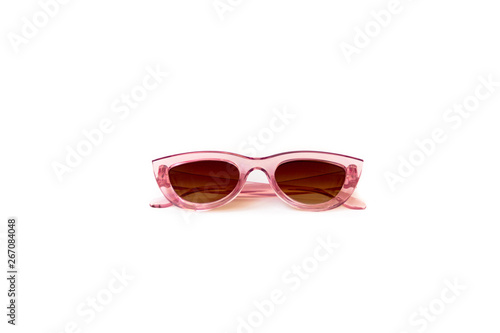 Pink cat eye gradient sunglasses with thick frame at isolated white background, front view folded