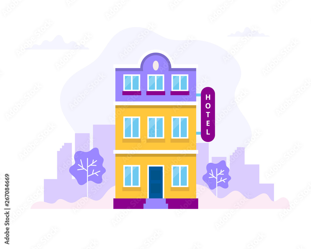 Fototapeta premium Hotel building with city background. Concept vector illustration in flat style for booking, reservation, travel, architecture, business.