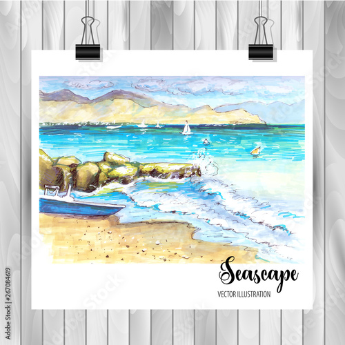 Hand drawn seascape Sketch for your design Drawn in color ink or markers on white background