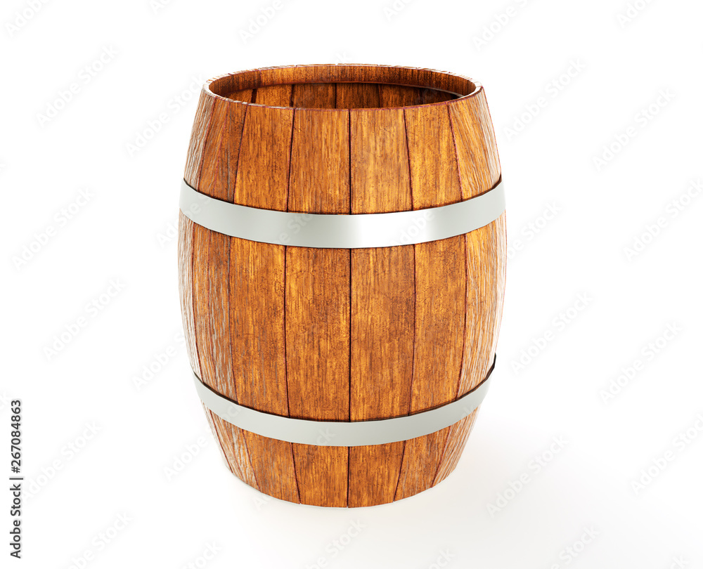 Fototapeta premium Wooden barrel with iron hoops isolated on white background. 3d rendering. Old barrel with rust on the hoops. Front view