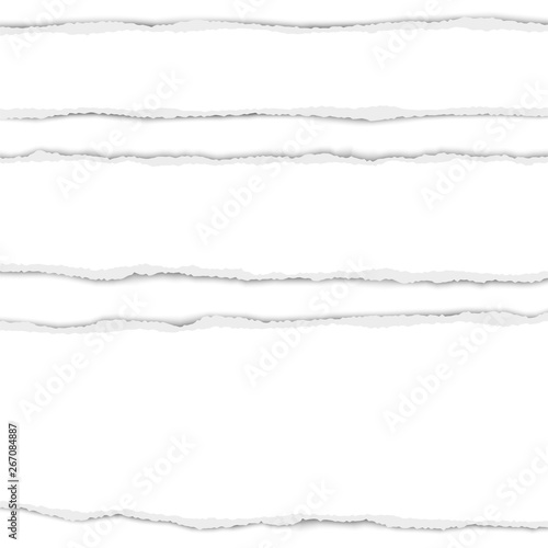 Three horizontal torn white paper stripes with shadow placed on white background. Vector realistic ripped paper notes.