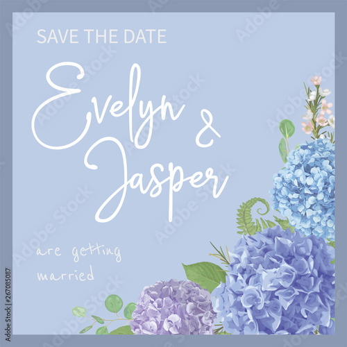Wedding, watercolor seasonal flower card.Leaves, blooming branches eucalyptus, gaultheria, salal, chamaelaucium, seasonal fern.Blue, purple, flower of hydrangea. vector design frame.Isolated