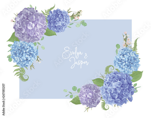 Wedding, watercolor seasonal flower card.Leaves, blooming branches eucalyptus, gaultheria, salal, chamaelaucium, seasonal fern.Blue, purple, of hydrangea. vector design frame.Isolated and editable