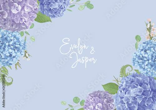 Wedding, watercolor seasonal flower card.Leaves, blooming branches eucalyptus, gaultheria, salal, chamaelaucium, seasonal fern.Blue, purple, of hydrangea. vector design frame.Isolated and editable