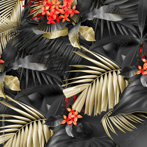 Tropical black and gold leaves on dark vector background. Beautiful botanical design with golden tropic jungle palm leaves, exotic red flower Exotic design for vintage flyer banner with floral pattern