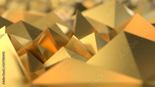 Gold Low poly triangle, trigon, triangular background. abstract golden geometric crystals. Minimal quartz, stone, gems.