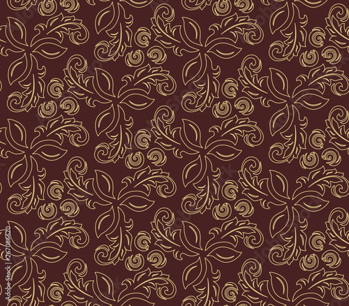 Floral vector ornament. Seamless abstract classic background with flowers. Pattern with golden repeating floral elements. Ornament for fabric, wallpaper and packaging