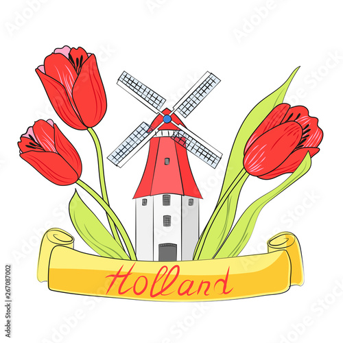 Windmill and tulips of Holland. Can be used as a logo, sign, symbol. Suitable for printed products, postcards, souvenirs