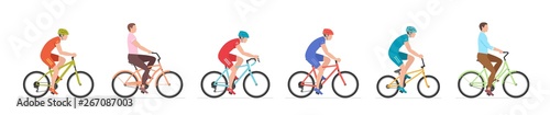 Set of Men riding bicycles. isolated on white background