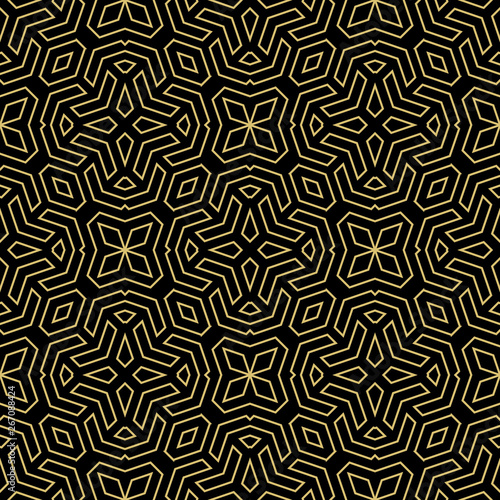 Seamless background for your designs. Modern vector ornament. Geometric abstract black and golden pattern