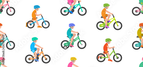 Seamless pattern with Boys riding bike. isolated on white background