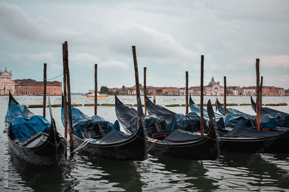 Typical scene of parked gondolas in Venice.