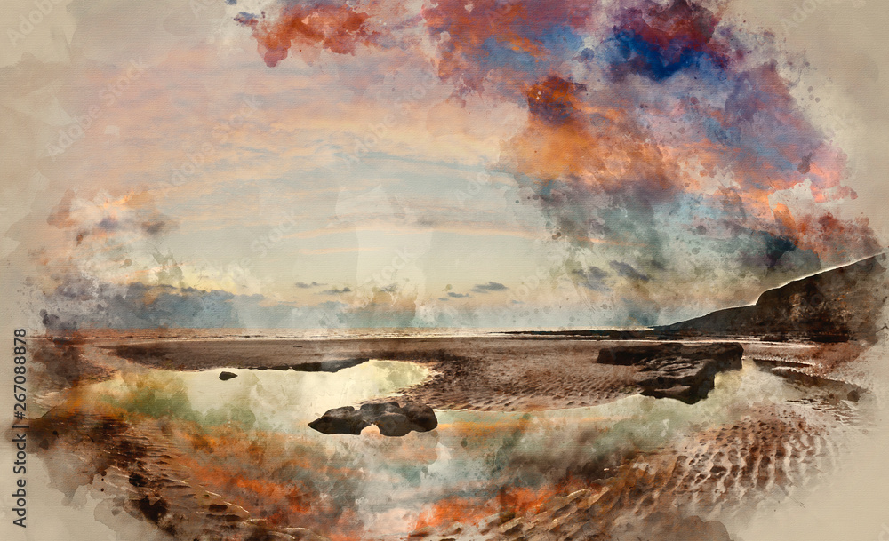 Watercolour painting of Stunning vibrant panorama sunset landscape over Dunraven Bay in Wales
