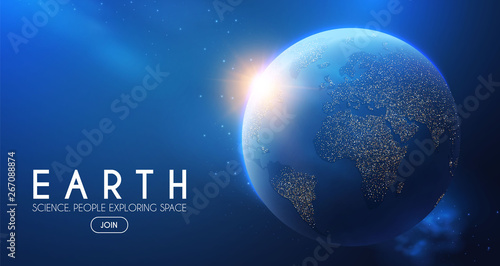 Eath Planet in Space with Lights. Realistic Universe. Cosmos Background.