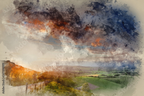 Watercolour painting of Beautiful English countryside landscape over rolling hills