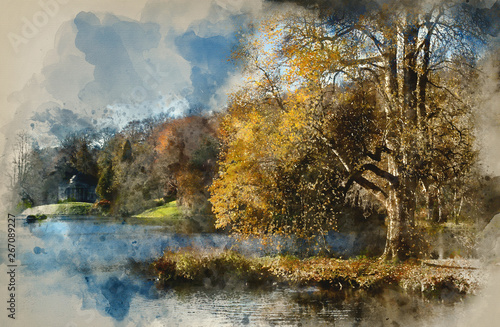 Watercolour painting of Trees and main lake in Stourhead Gardens during Autumn.