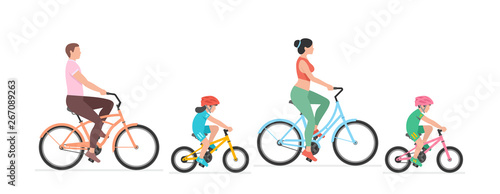 Happy family riding bicycle together. Group of people riding bikes. isolated on white background