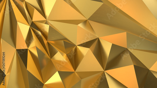 Gold Low poly triangle, trigon, triangular background. abstract golden geometric crystals. Minimal quartz, stone, gems.