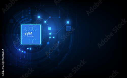 eSIM card chip sign. Embedded SIM concept. New mobile communication technology and  processor background circuit board vector illustration
