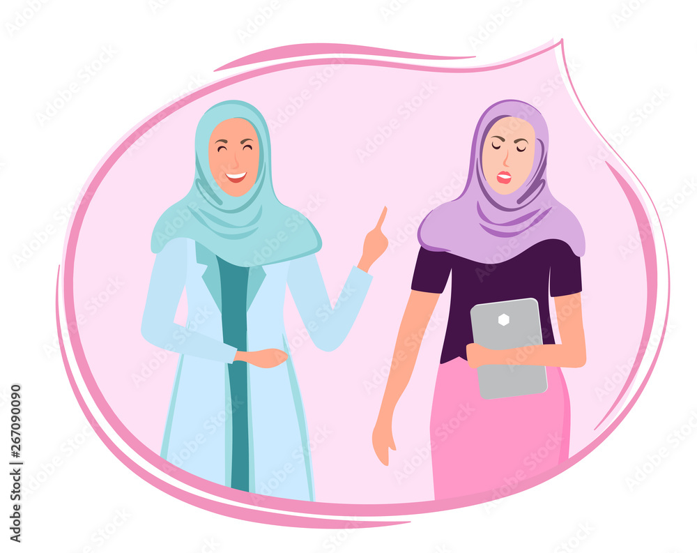 Muslim woman doctor and business lady. Vector illustrations of Arab women in the medical and health professional, political, business and social life