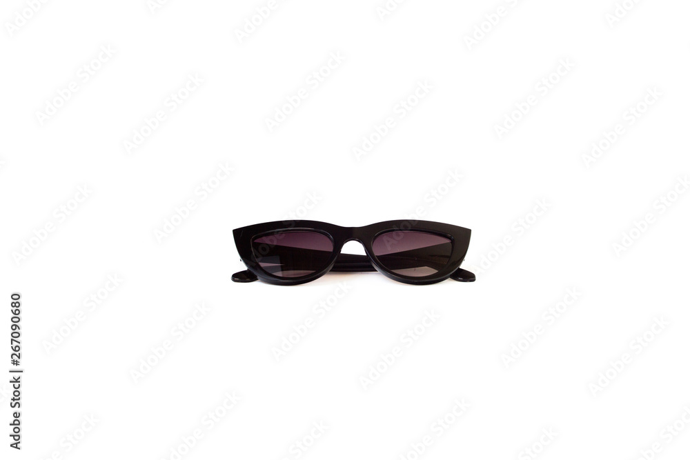 Fototapeta premium Black gradient cat eye sunglasses with thick frame at isolated white background, front view folded