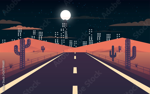 landscape of road to the city at the desert in the night