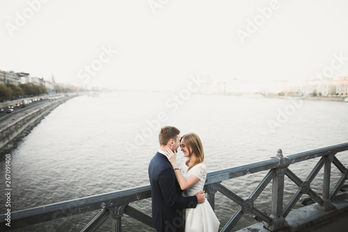 Young beautiful stylish pair of newlyweds on a bridge