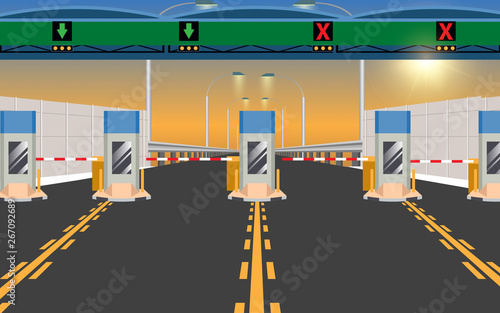 view of expressway tollgate in sunset