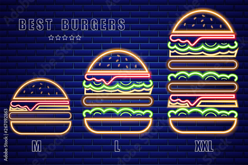 Neon burgers set of different sizes Vector poster. Glowing Fastfood light billboard symbol. Cafe menu templates
