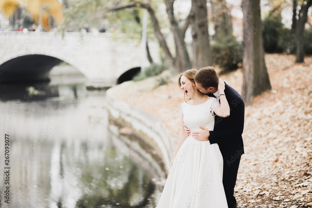 Beautiful romantic wedding couple of newlyweds hugging in park Beautiful romantic wedding couple of newlyweds hugging in park
