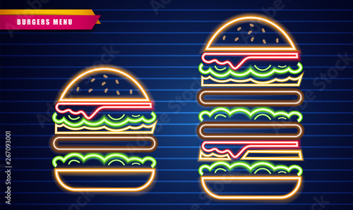 Neon burgers different sizes Vector poster. Glowing Fastfood light billboard ...