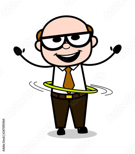 Playing with Hula-Hoop - Retro Cartoon Father Old Boss Vector Illustration