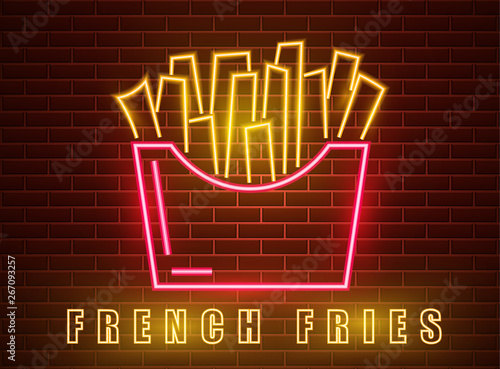 Neon fries Vector poster. Glowing sign dark city background. Fastfood light b...