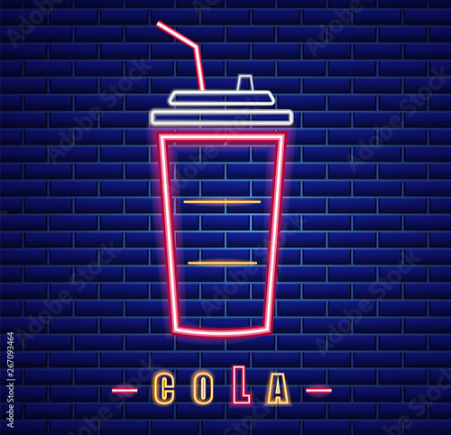 Drink menu neon billboard Vector. Glowing Fastfood cola light billboard symbo...