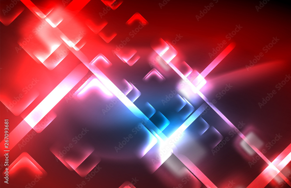Neon glowing techno lines, hi-tech futuristic abstract background template with square shapes Neon glowing techno lines, hi-tech futuristic abstract background template with square shapes