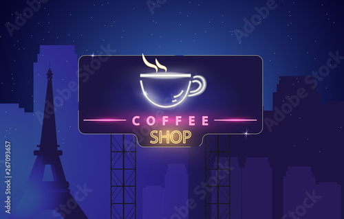Coffee shop neon sign Vector. Glowing coffee cup symbol dark background. Cafe menu templates