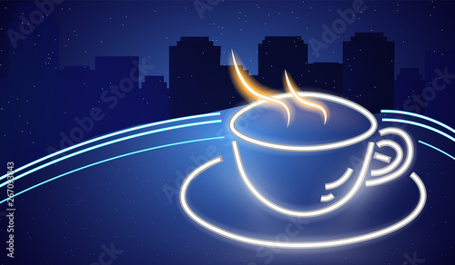 Coffee shop neon sign Vector. Glowing coffee cup symbol dark background. Cafe...