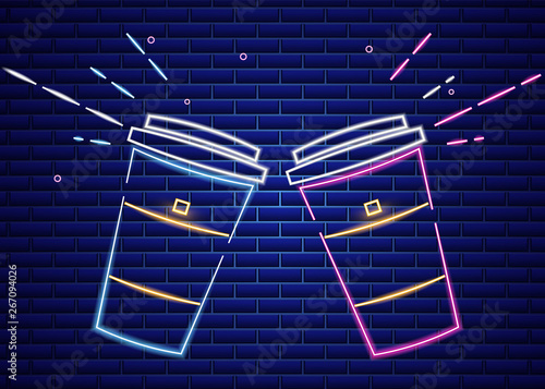Coffee shop neon sign Vector. Glowing coffee cup to go symbol dark background...