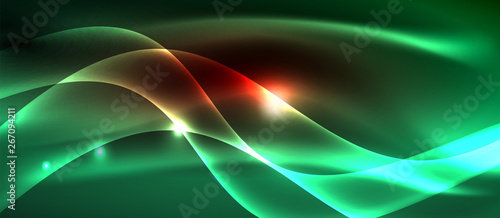 Glowing abstract wave on dark, shiny motion, magic space light. Techno abstract background