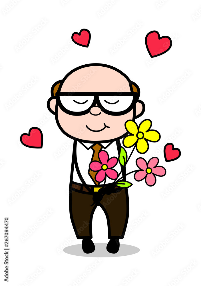 Presenting Flowers - Retro Cartoon Father Old Boss Vector Illustration Presenting Flowers - Retro Cartoon Father Old Boss Vector Illustration