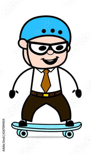 Playing with Skateboard - Retro Cartoon Father Old Boss Vector Illustration